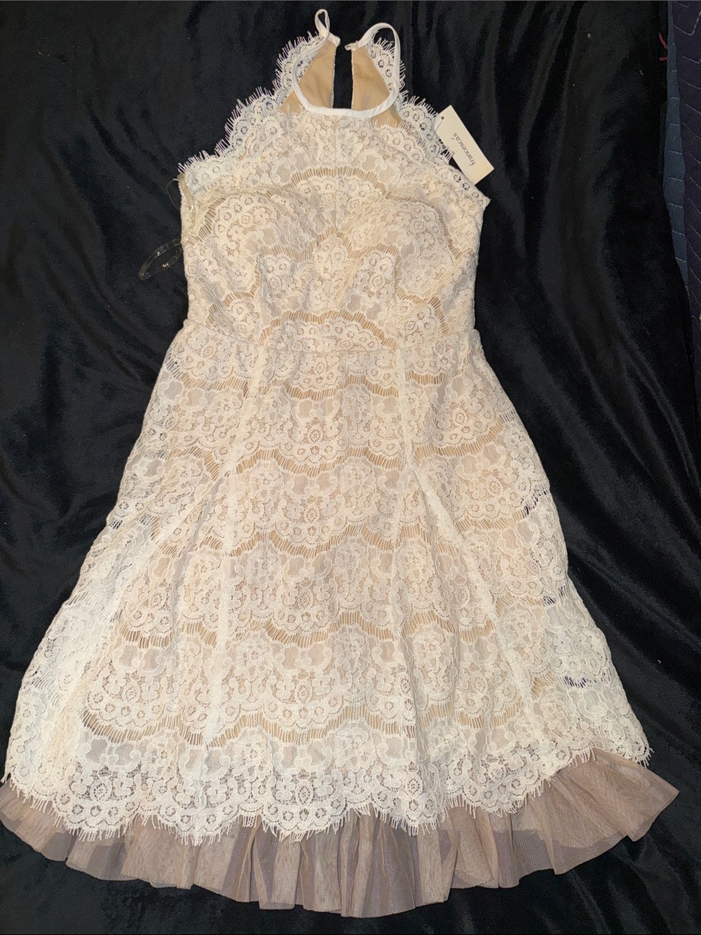 Altar'd State Ivory Lace Halter Cocktail Dress with Tulle Hem